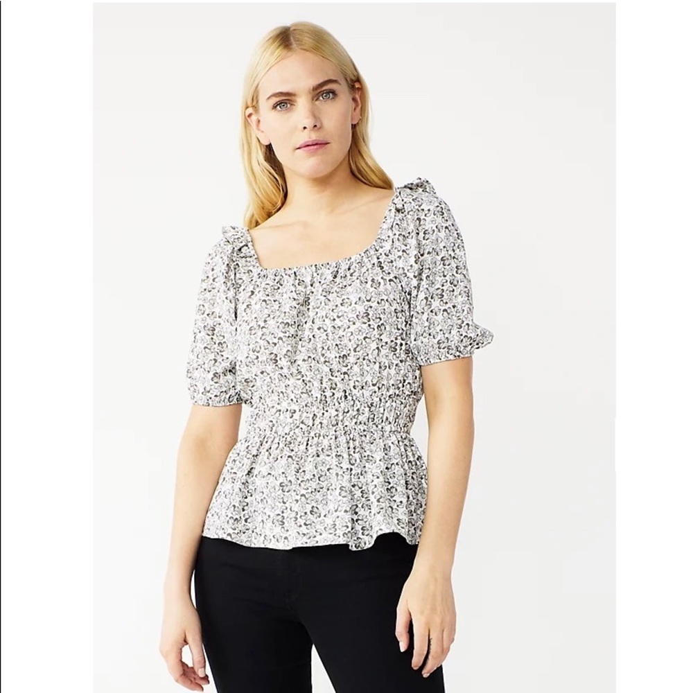 Nine West Short Sleeve Squareneck Peplum Blouse Floral